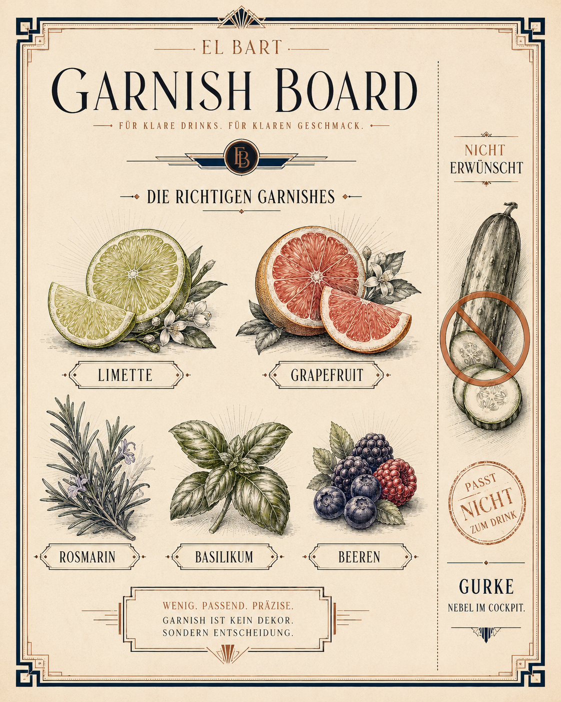 Botanische Tafel: Limette, Grapefruit, Rosmarin, Basilikum und Beeren — Gurke am Rand: Nebel im Cockpit