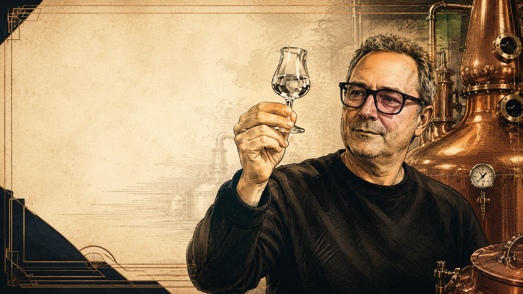 Dietmar Hölscher vor einer Kupferdistille, Degustationsglas gegen das Licht — Zeitungsskizzen-Stil