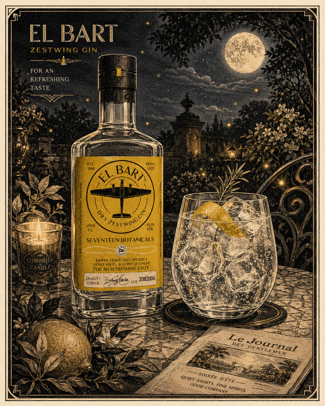 EL BART Gin Tonic auf einem Gartentisch bei Nacht: Mond, Glühwürmchen, Zitronella-Kerze, Eisglas