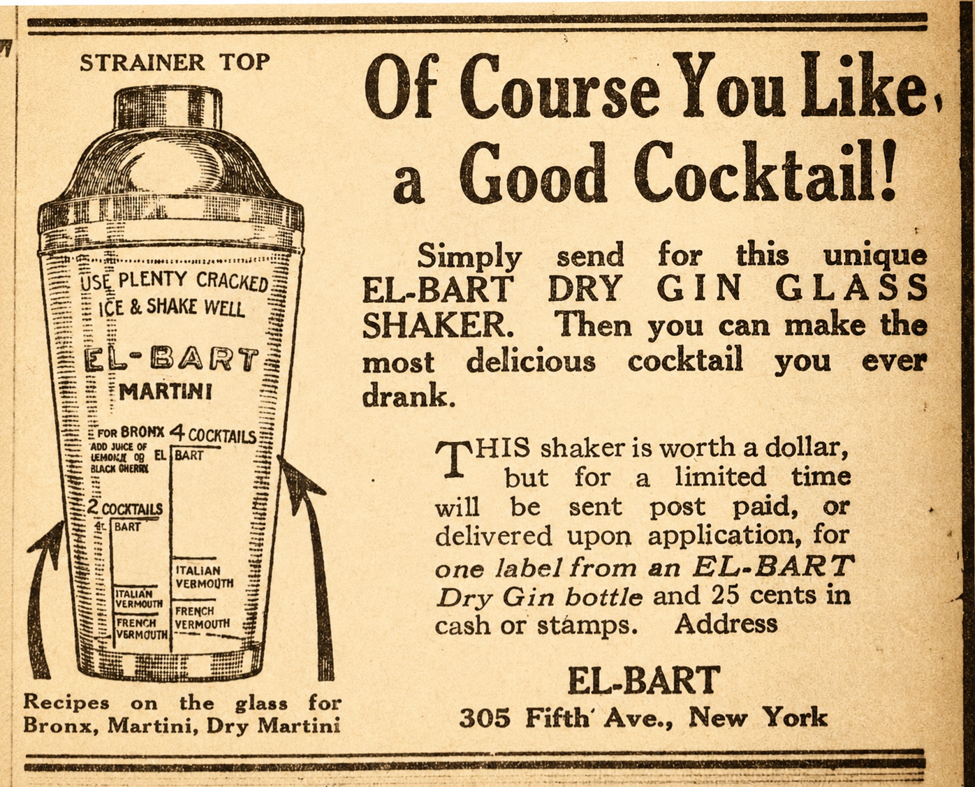 Historische EL BART Gin Werbung, New York